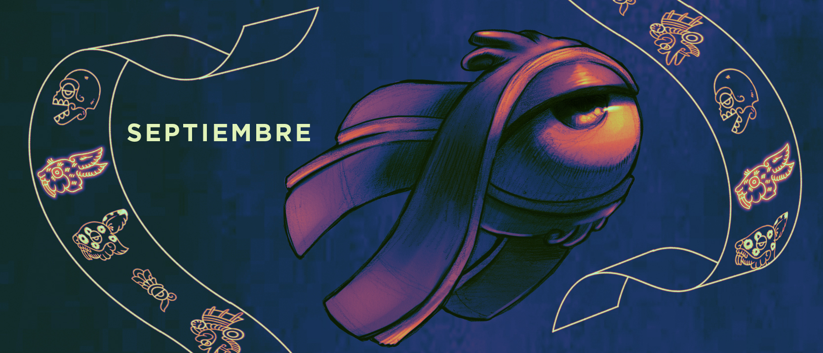 Una ilustración con un pez y una cinta con imágenes ancestrales salvadoreñas sobre un fondo azul 